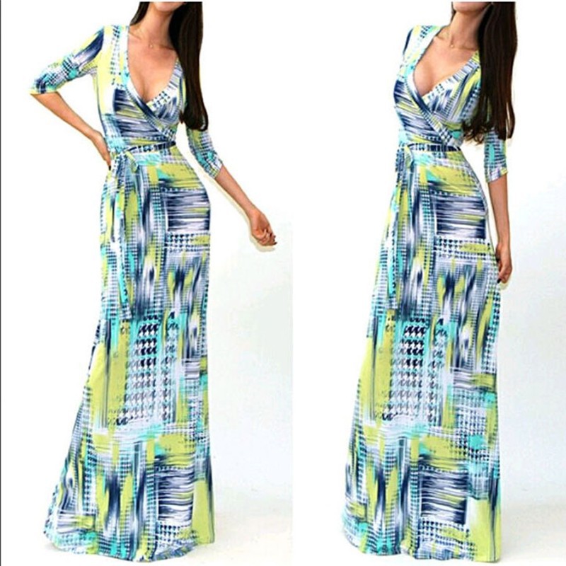 Sexy Package Hip Maxi Dress Fashion Brand New V-neck Long Sleeve Printed Long Dress desigual Women Party Dresses vestido de festa ONY8785 (4)