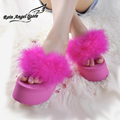 Qulity Fur Flip Flops Women Sweet Platform Wedges Sandals Ostrich Feathers Slippers 2015 Summer Platform Thongs