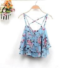 4 Colors 2016 Women Summer Clothing Spaghetti Strap Floral Print Chiffon Shirt Vest Blouses Crop Top