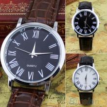 Men ‘ s Casual de negocios de los números romanos ronda de cuero artificial de cuarzo analógico reloj de pulsera 2878