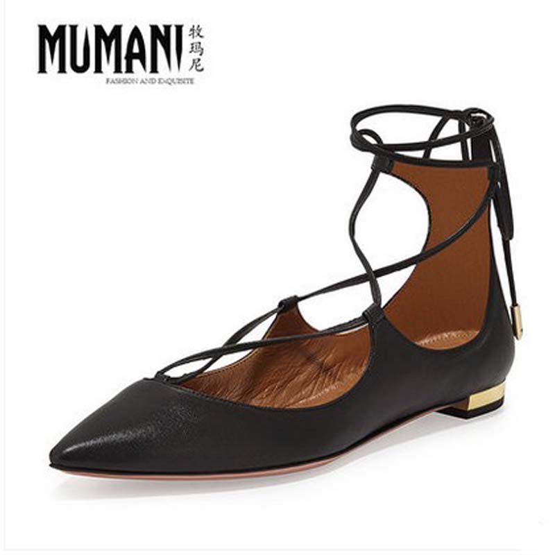mumani Fashion 2016 genuine leather strap multi-color single shoes thick heel flat-heeled pointed toe  lacing women Sandals