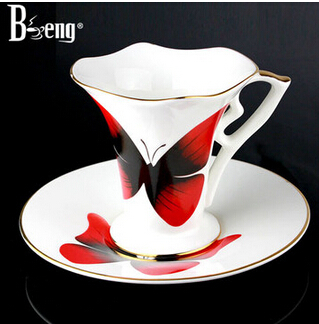 Novelty innovative Butterfly Pattern ceramic coffee mug Creative porcelain tea cup with tea tray Bone china