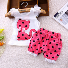 Europe 2016 new summer children clothing set baby girls bow cat shirt + shorts suit 2pcs kids polka dot clothes suit 1-4 years