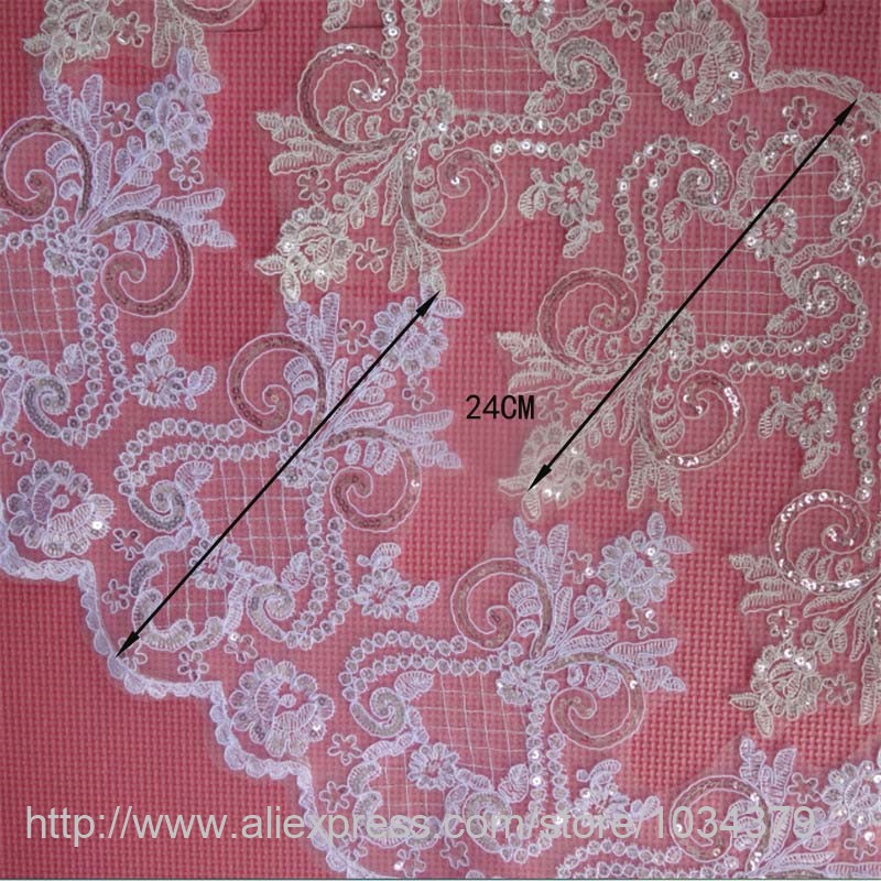Description Picture 2 of itemDelicate 1yard 24cm Sequins Ivory White Fabric Flower Venise Venice Lace Trim Applique Sewing Craft for Wedding Dec. LW0061