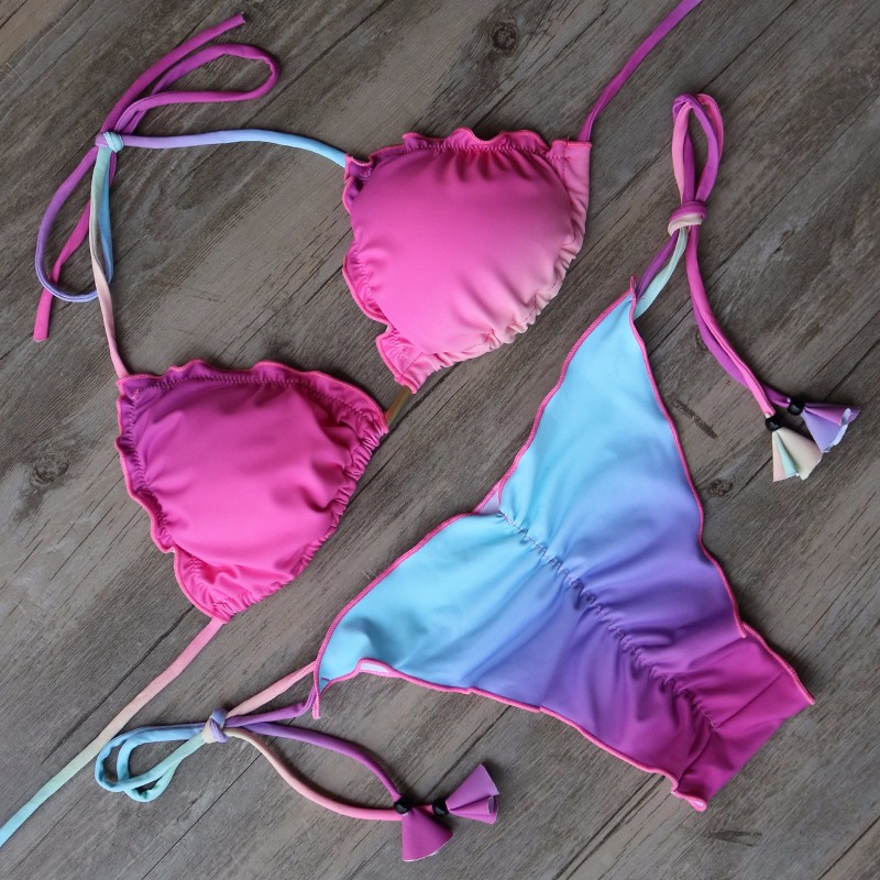 2016 New Brazilian Bikini Retro Women Blue Color Print Floral Bikinis Set Vintage Simple Noble Swimsuit