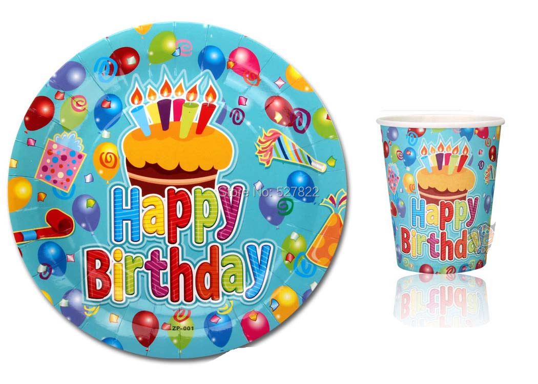 100PCS(50 cups +50 plates) Bule "Happy Birthday "Disposable Paper