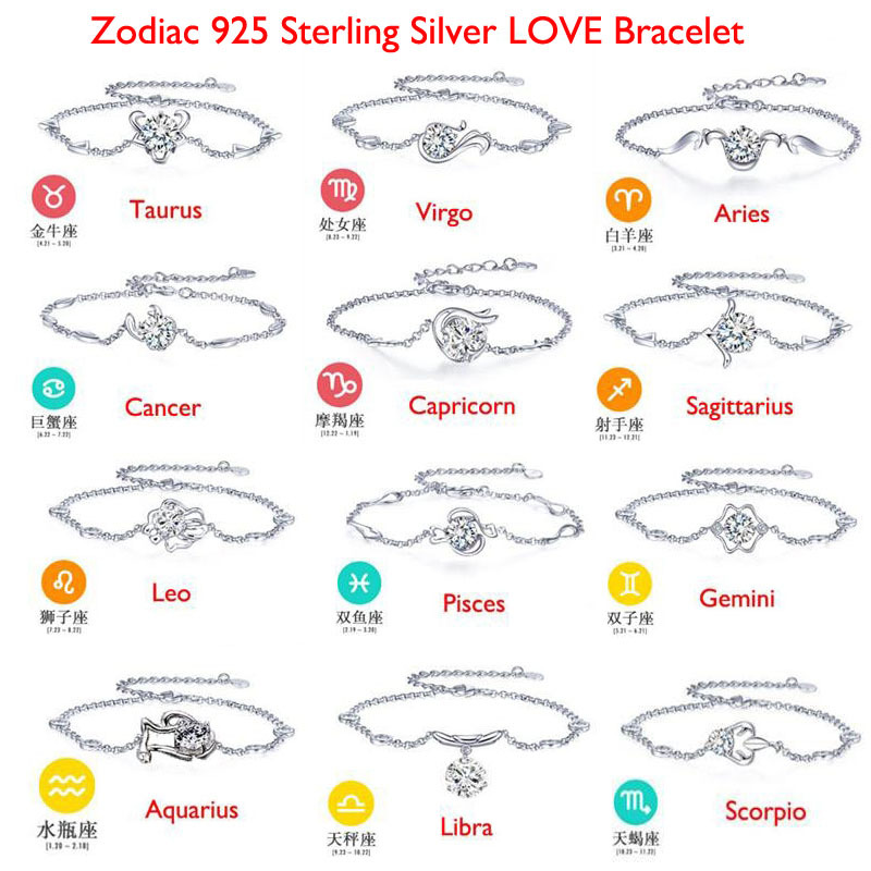12Pcs/Lot   2015 Zodiac 925 Sterling Silver LOVE Bracelets, Cuff Bracelets For Women Fashion 925-sterling-silver Bracelet