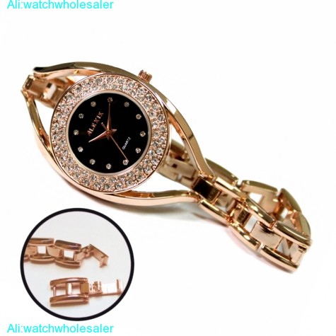 FW819D Rose Gold Tone Band Black Dial Ladies ALEXIS Brand Crystal Bracelet Watch