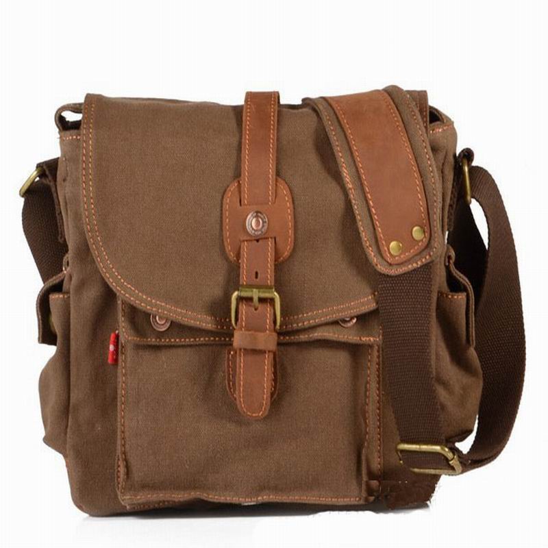 School Shoulder Bag Casual Crossbody Bags Vintage Canvas Leather Messenger Bags Travel Satchel Khaki Army Green
