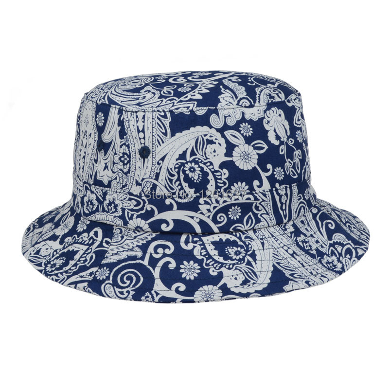 Wholesale Blue White Bucket Hats Women Floral Paisley Bucket Hat Cotton