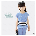 Girls Good quality dress new summer 2015 big girl suits short sleeves Han edition waist striped