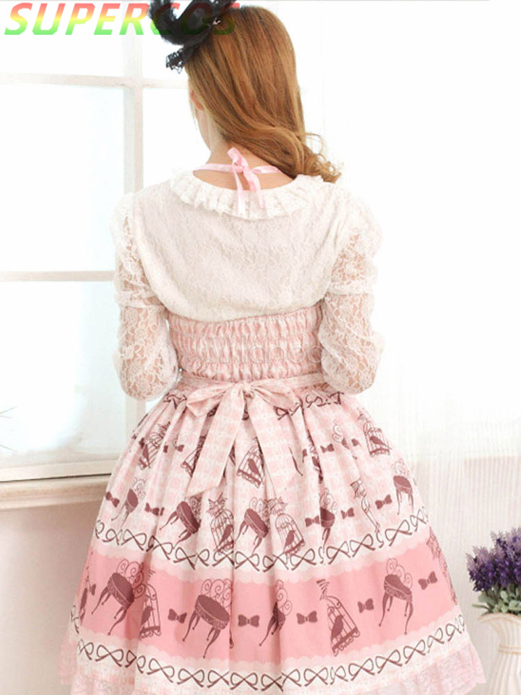 Free shipping! New Arrivals! High quality! Pink Printing Lace Straps Neck Cute Lolita Jumper Skirt