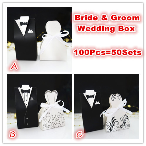 100Pcs Bride and Groom tuxedo dress gown Wedding Favor Candy Gift box ...
