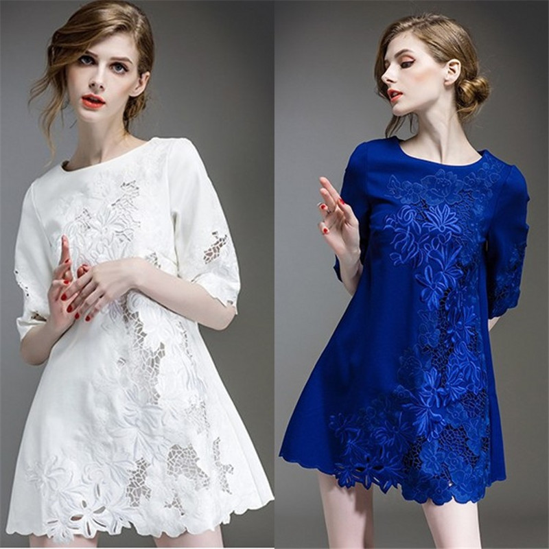 New women's floral embroidery Hollow out dresses Lace Half sleeve Mini elegent female dress A-line patchwork party dress TT438