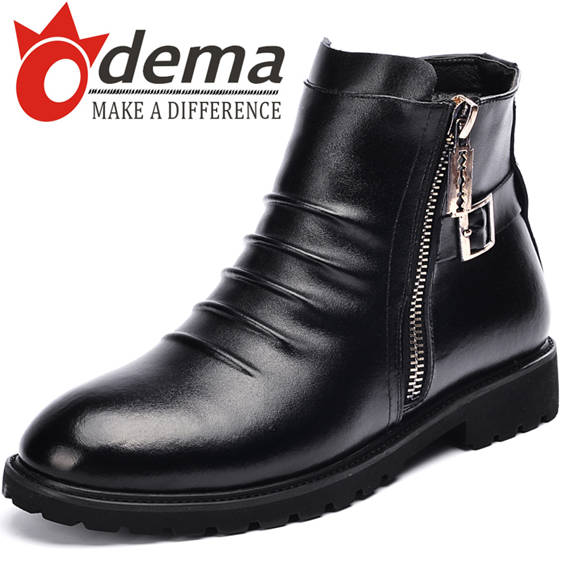ODEMA New Style Genuine Leather Men Boots Fashion Black Brown Warm Winter Plush Fur Boots Casual Men's Flats Martin Boots