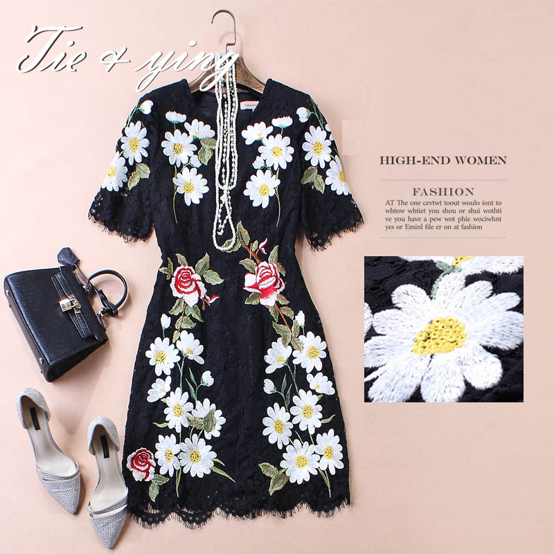 2016 spring new arrival women runway embroidery dresses American and European fashion runway luxury brand lace floral slim dress