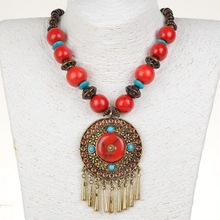 Ethnic Bohemian Necklace for Women Vintage Retro Copper Fringe Long Necklace Women Resin Wood Beads Necklace