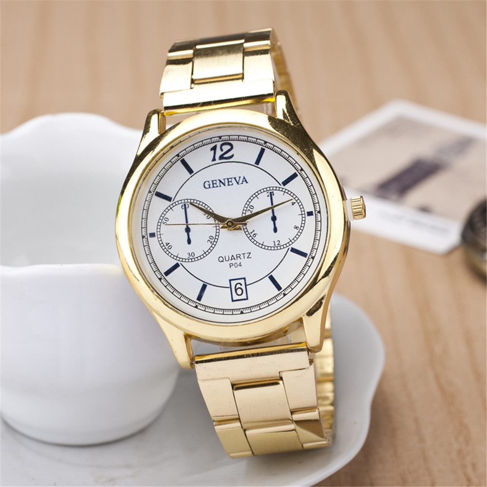 2015 New Brand 2 Eyes Gold Geneva Casual Quartz Watch Women Stainless Steel Dress Watches Relogio Feminino Ladies Clock Hot Sale