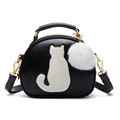 2016 New Fashion Cute Cat Messenger Bag Girls Black White Leather Shoulder Bags Small Circular Fur