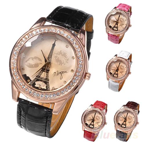 Women Girl s Champagne Dial Lovers Lips Eiffel Tower Analog Quartz Wrist Watch Watches 08CP