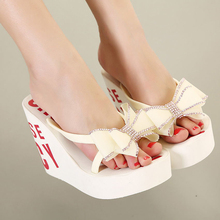 2016 New High Quality Ultra High Heels girl Beach Slippers Summer Rhinestone Bow Knot platforms wedges