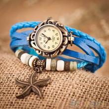 Woman Girl Vintage Leather Bracelet Starfish Decoration Quartz Wrist Watch 2KJQ