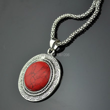 N14 Red Turquoise Stone Natural Stone Necklace Pendant Jewlery Women Vintage Look Tibet Alloy free shipping