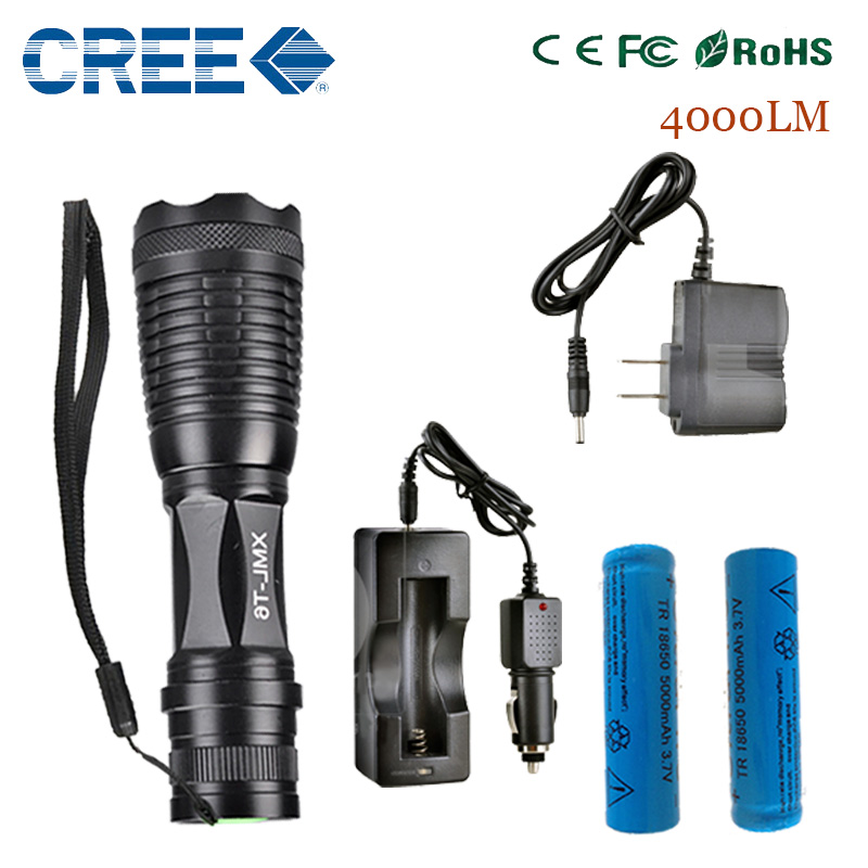 zk20 4000LM Aluminum CREE XM-L T6 LED E17 Torches Zoomable LED Flashlight Torch Lamp contain two batteries two chargers