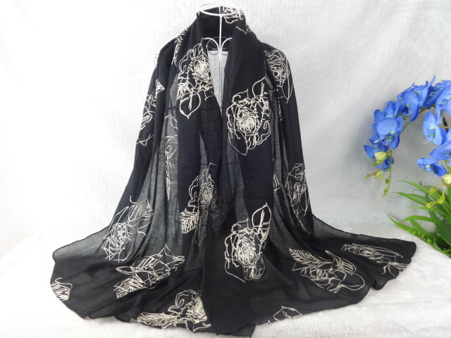 Floral Rose Embroider Cotton Scarf Shawls Head Wraps Muslim Muffler Cape Muslim Hijab Long Scarf Women