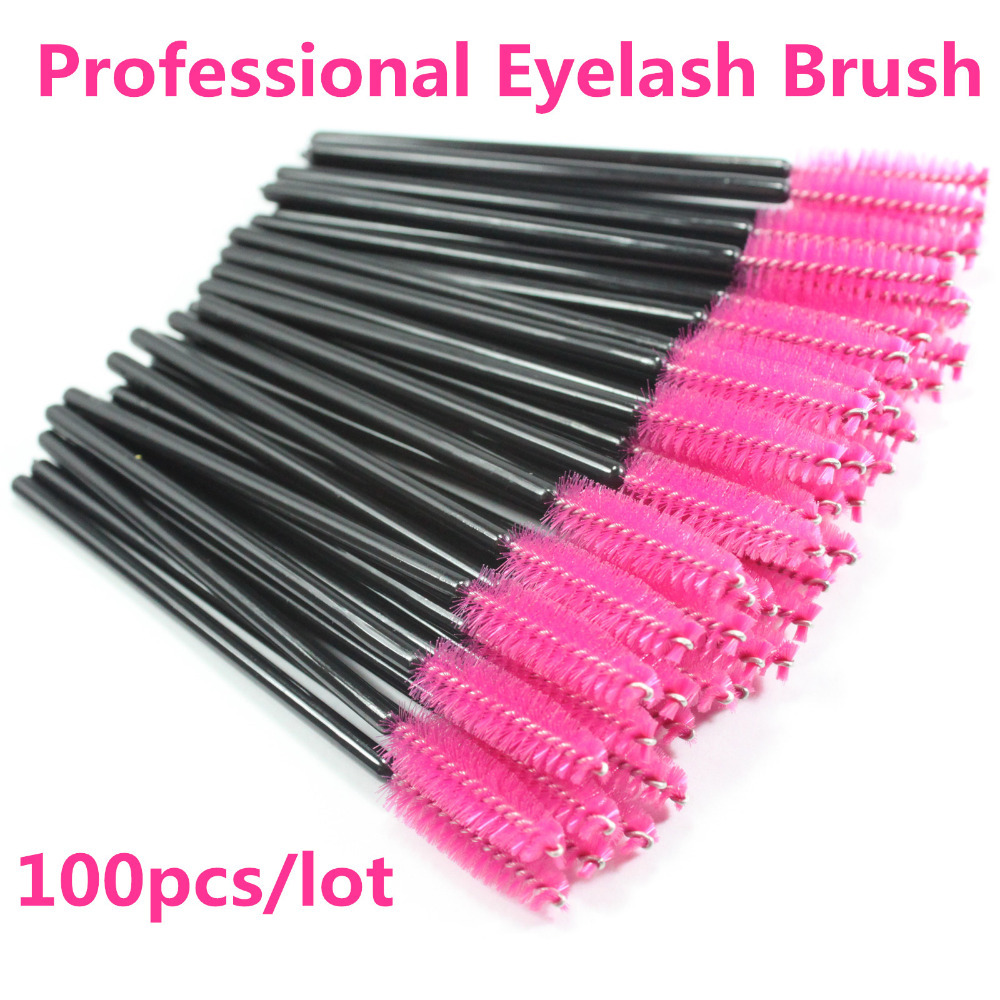 New 100pcs lot Hot Pink Synthetic Fiber One Off Disposable Eyelash Brush Mascara Applicator Wand Eyelash