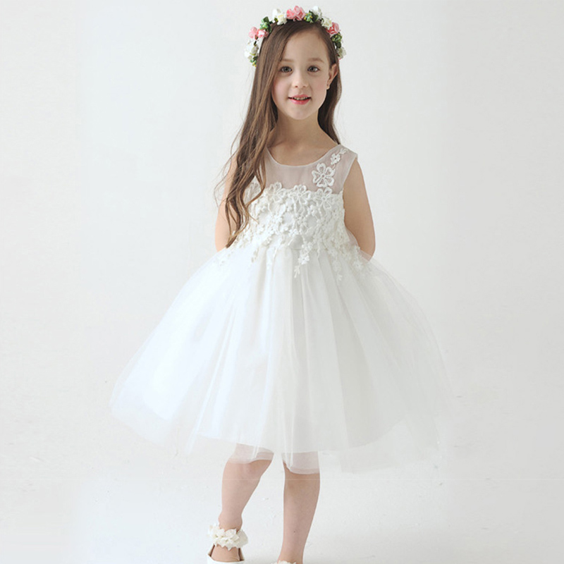 Child Princess Dress Girl Flower Dress Elegant Kids Party Dresses for Girls Lace Beige Tutu Embroidery Sleeveless Bow Dresses