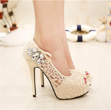 2016 NEW European Brand Ladies Sexy Rhinestone Lace Wedding Shoes High Heels Platform Pumps for women sapatos femininos 35-41