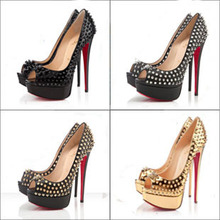 The new Pumps Red bottom high heels 14cm fish head rivets shoes zapatos mujer leather shallow mouth spikes plaform shoes