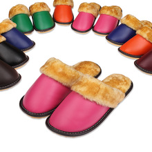 2015 Genuine Leather Slippers For Men Winter Plush Warm Soft House Shoes Genuine Cowhide Pink Bedroom Womens Slippers Indoor