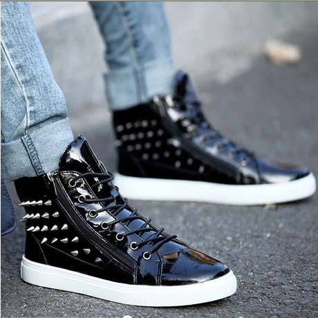 new 2014 men fashion sneakers high top rivet patent leather shoes hip hop shoes breathable heihgt