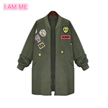 Plus Size 5XL Army Green Bomber Jacket Women 2016 New Fashion Patched Badges Long Baseball Uniform Street Trend Windbreaker Coat