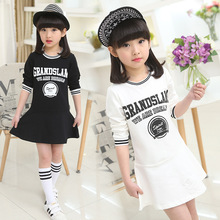 Children’s Wear New Girls Large Cotton Long Sleeved Dress Girl Princess Kids Clothing Letters Printing White Black