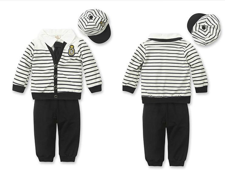 2014 Autumn baby boy suit white long sleeve shirt + stripe jacket + tie + hat + trousers 5pcs set kids boy clothing set 5set/lot