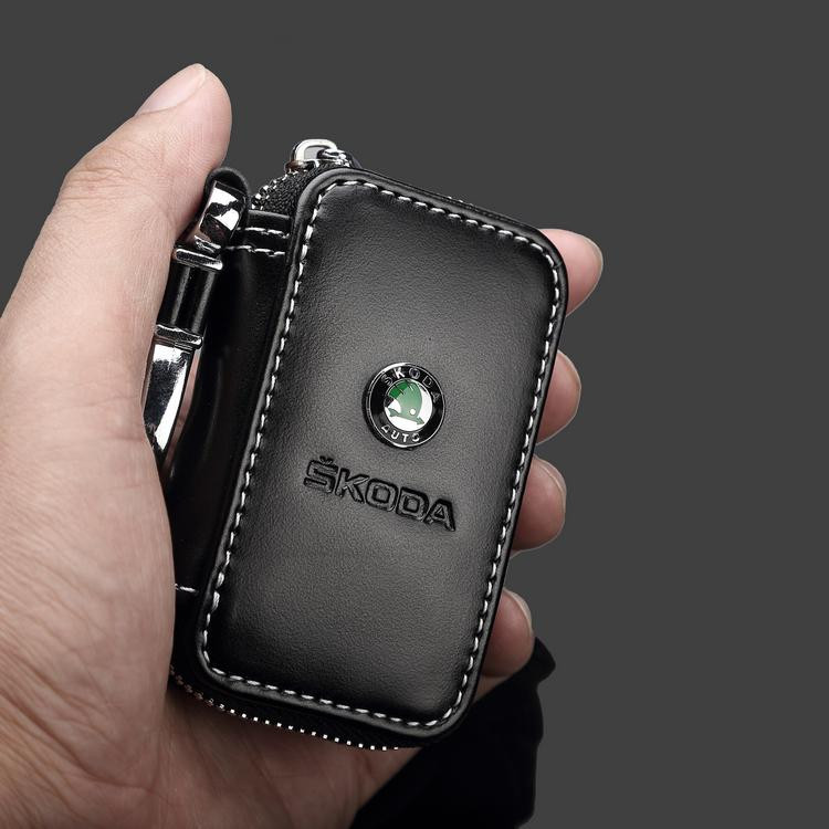 New Black Car Leather Car Key Chain Key Case Key Bag Key Holder For Skoda Fabia Octavia Rapid Superb Yeti (3)