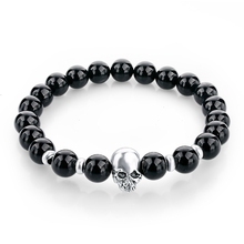 2015 New Products Beaded 8MM Black Natural stone beads Skull Elastic Bracelets for Men and Women’s Gift SBR150172