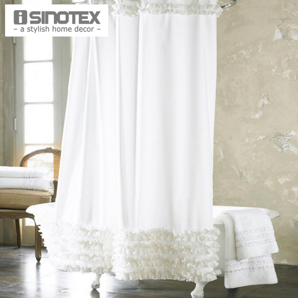 Home Decoration Bathroom Shower Curtain Waterproof Moldproof Solid Polyester Fabric Lace Bath Curtain Elegant Cortina +12 Hooks