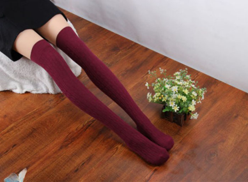Free Shipping Autumn Winter 5 Colors Cotton Blends Women Girls Knit Over Knee Thigh Stockings Spiral