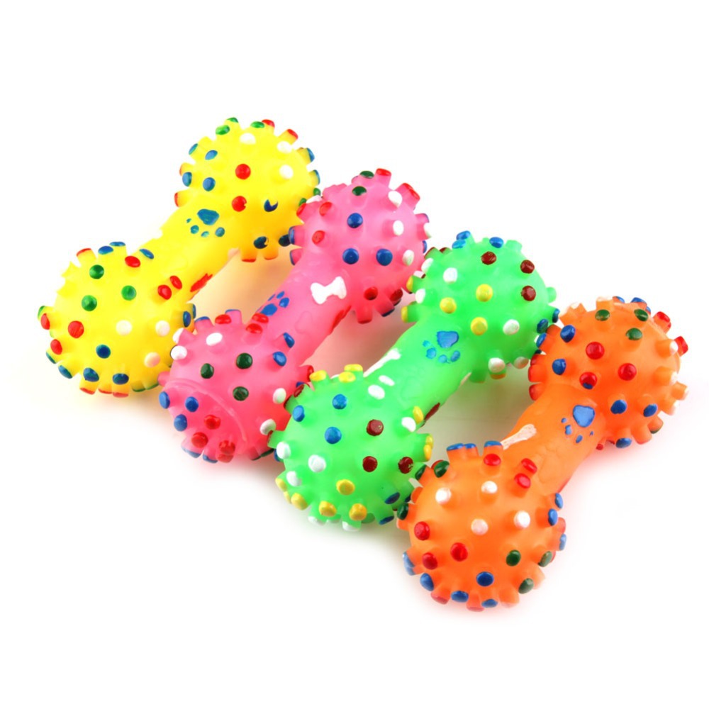 1Pcs Pet Dog Cat Puppy Sound Polka Dot Squeaky Rubber Dumbbell Chewing Toys Random Color PTSP