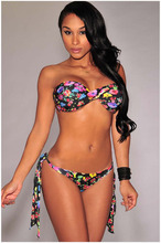 Brazilian Ruffle Twist Push up Floral Bikini Bandeau Strapless Padded Bra Top Triangle Bathing Suit