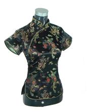 Black Traditional Chinese Women Silk Satin Blouse Summer Short Sleeve Shirt Tops Handmade Button Clothing S M L XL XXL WS006