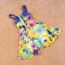 New 2015 summer style Fashion Denim stitching Chiffon flowers Tank Sling Camisole Dress Girls Holiday beach Sling Dress
