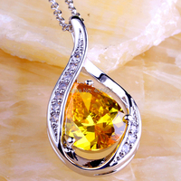 lingmei Free Shipping New Jewelry Pear Noble Citrine White Topaz 925 Silver Chain Necklace Pendant Wholesale For Women\'s Gift