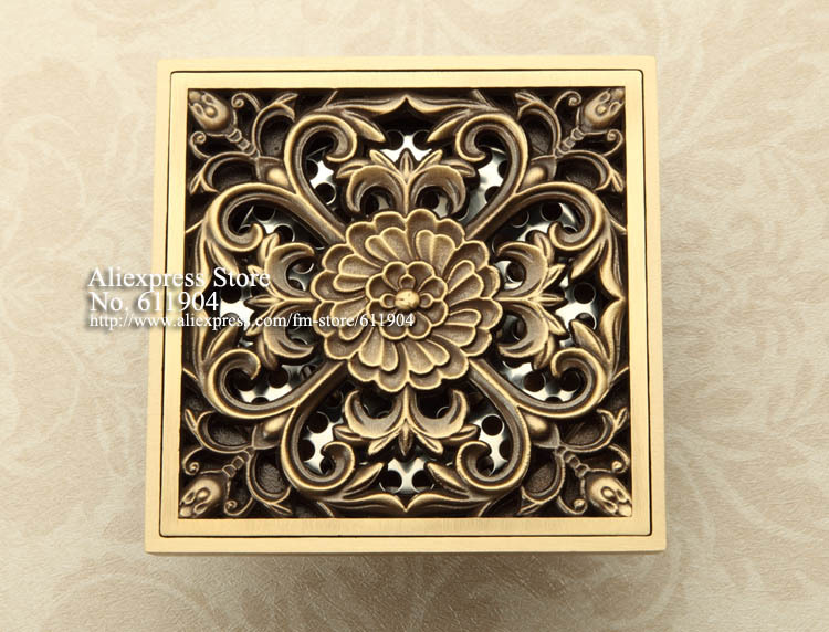 New Arrival Flower Carved Brass Bathroom Wetroom Square Shower  Drain Floor Trap Waste Grate With Hair Strainer 3782146