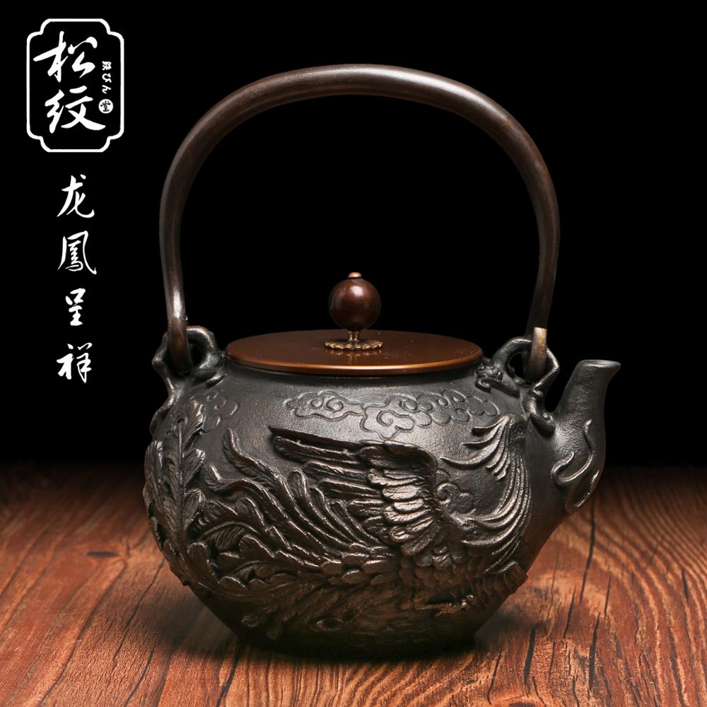 Phoenix and Dragon Pattern Retro Exquisite Cast Iron Teapot Japanese Style  Handmade Tea Pot 1400ml Drinkware Kung Fu Infusers