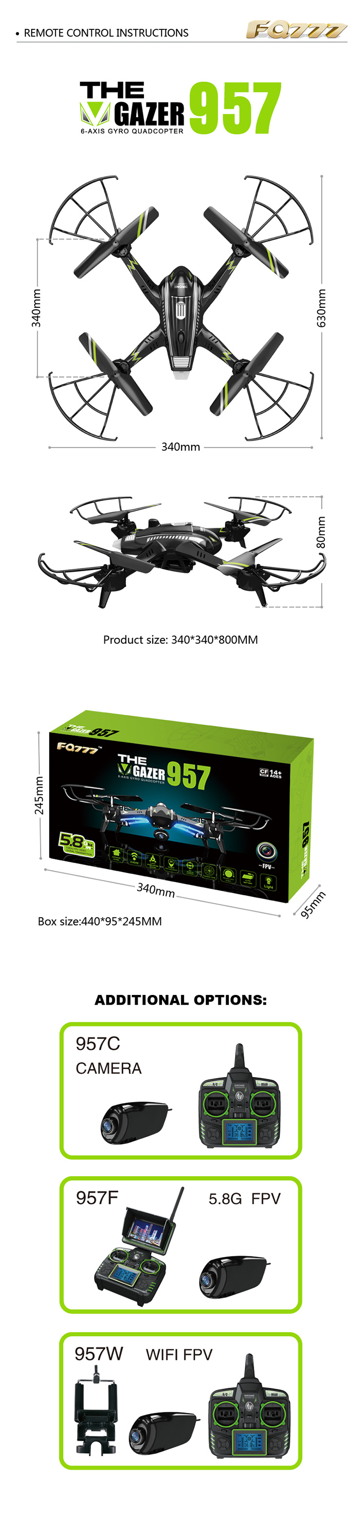FQ777 Gazer 957C 6-axis Gyro Headless Mode With 2MP Camera RC Quadcopter RTF 2.4GHz